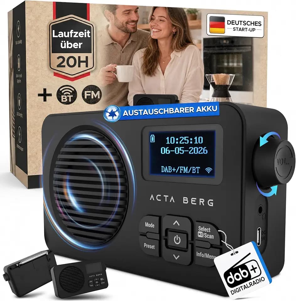 Acta Berg DAB Radio mit Akku 5000 mAh austauschbar & BT 5.3 (Schwarz)
