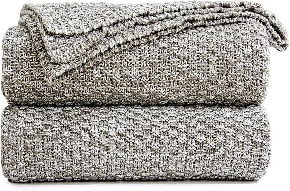 Longhui bedding 100% Cotton Knitted Throw Blanket – Light Grey, Soft & Cozy, Machine Washable, 51"x63" – Perfect for Living Room, Couch, Sofa, Bed or Travel