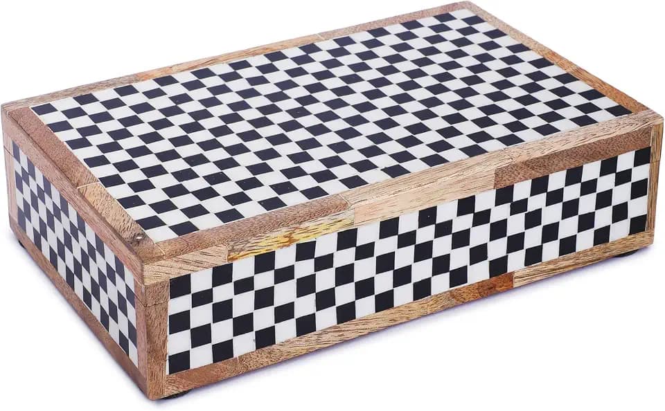 Handmade Black and White Checkered Pattern Box Collection Storage Organizer Decorative Multipurpose Keepsake Jewelry Gift Wooden Box (8x5x2 inches)