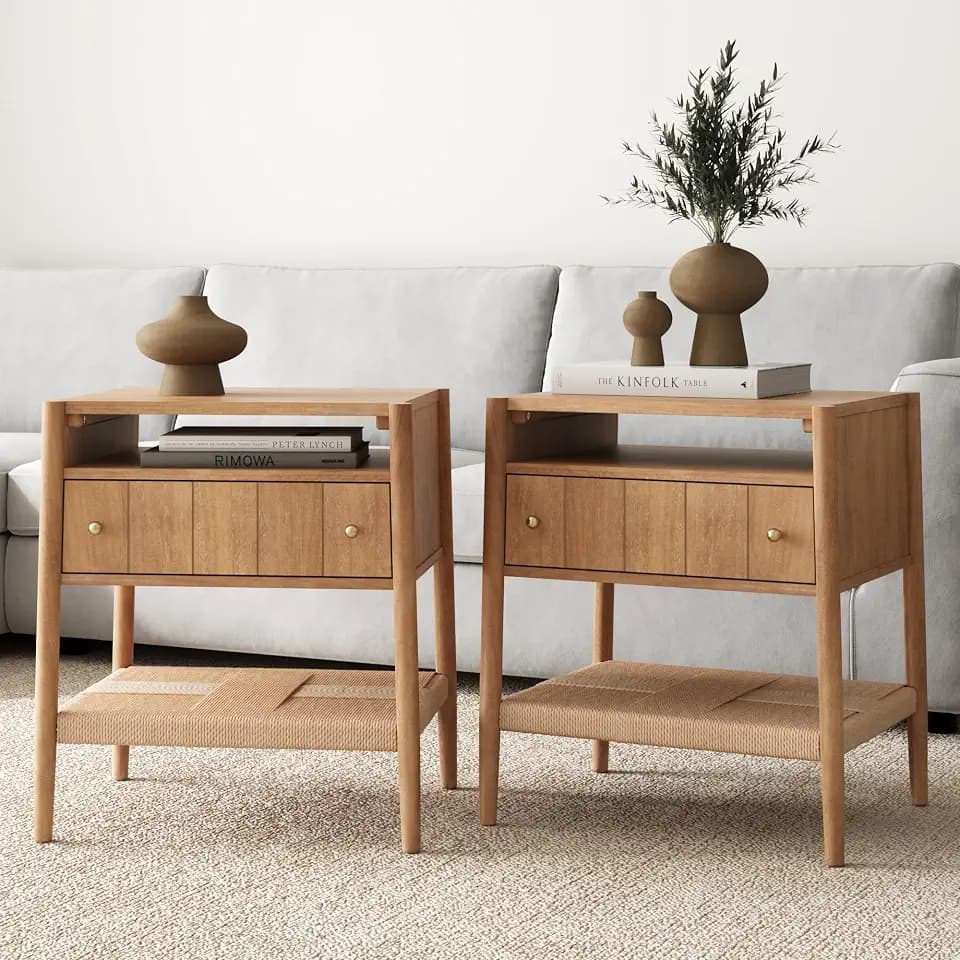 Nathan James Meads Wood Nightstand with Drawer, Vintage Nightstand with Seagrass Storage and Brass Handles, Light Brown, Set of 2