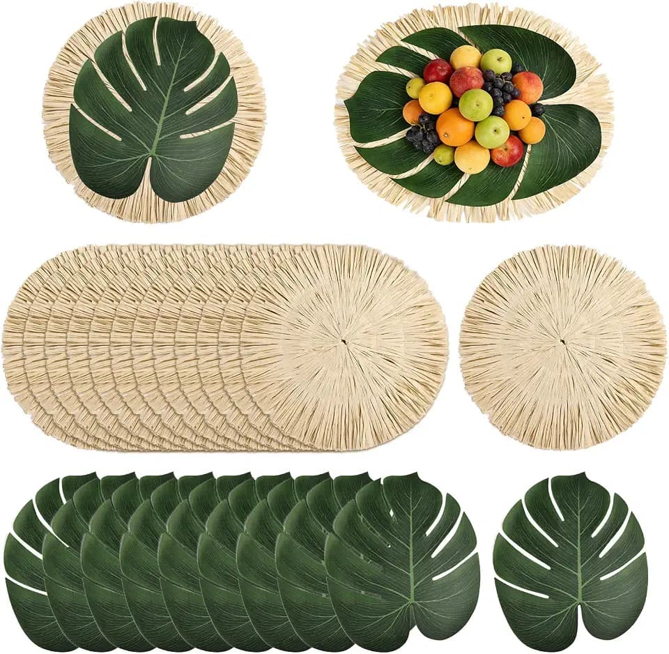 24Pcs Luau and Palm Placemats Raffia Grass Tropical Palm Leaf Place Mats for Dining Tables Family Gatherings Parties
