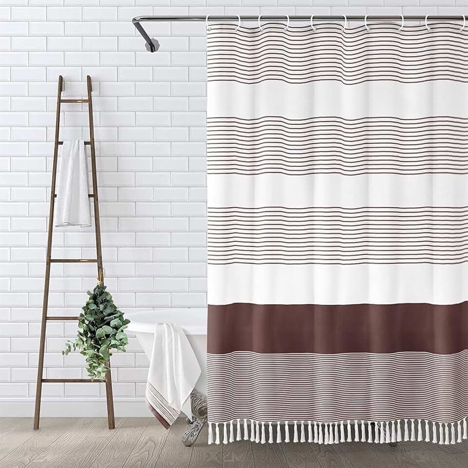 Awellife Boho Dark Brown Shower Curtain for Bathroom Stripe Tassel Shower Curtain 72 X 72 Inches Farmhouse Cotton