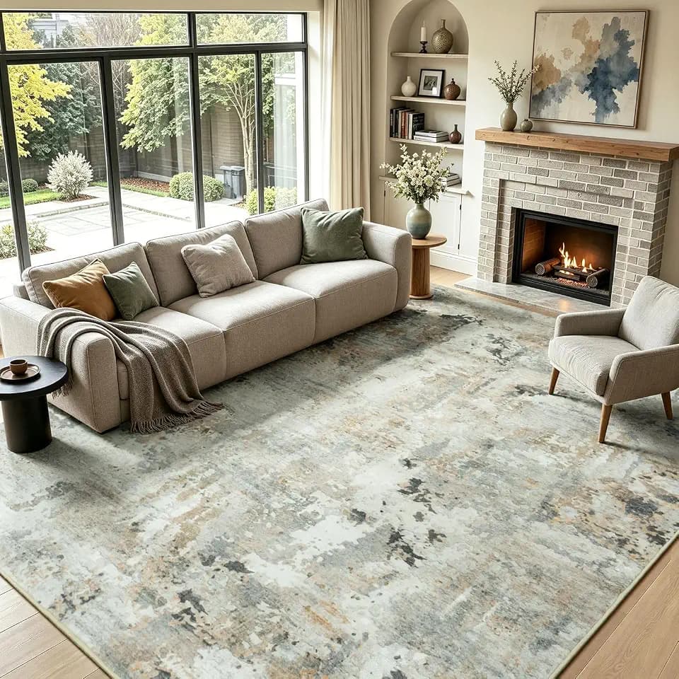 8x10 Area Rugs for Living Room, Washable Abstract Rug, Brown/Grey