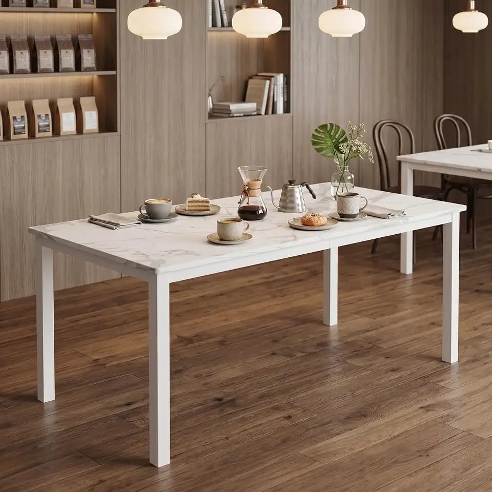 GAOMON Dining Table, 78.7"x35.4" MDF Top with Metal Legs, Round Corner, 6-8 Person, 297.6 lbs Capacity, for Kitchen Living Room, Marble White Tabletop with White Legs