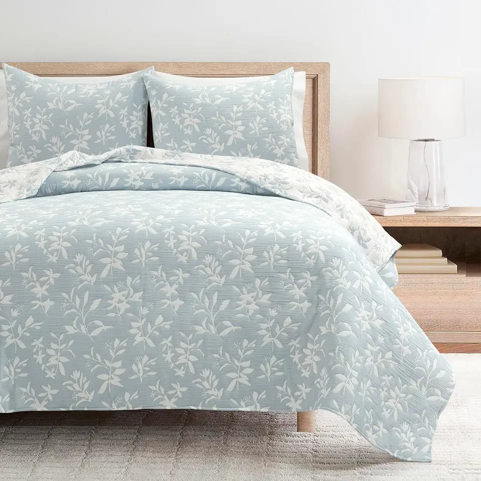 Lush Decor Floral Jacquard Reversible Matelasse Quilt Queen Size 3 Piece Set Full/Queen Blue - Floral Bedding Set Queen Quilt- Cottage Core Decor