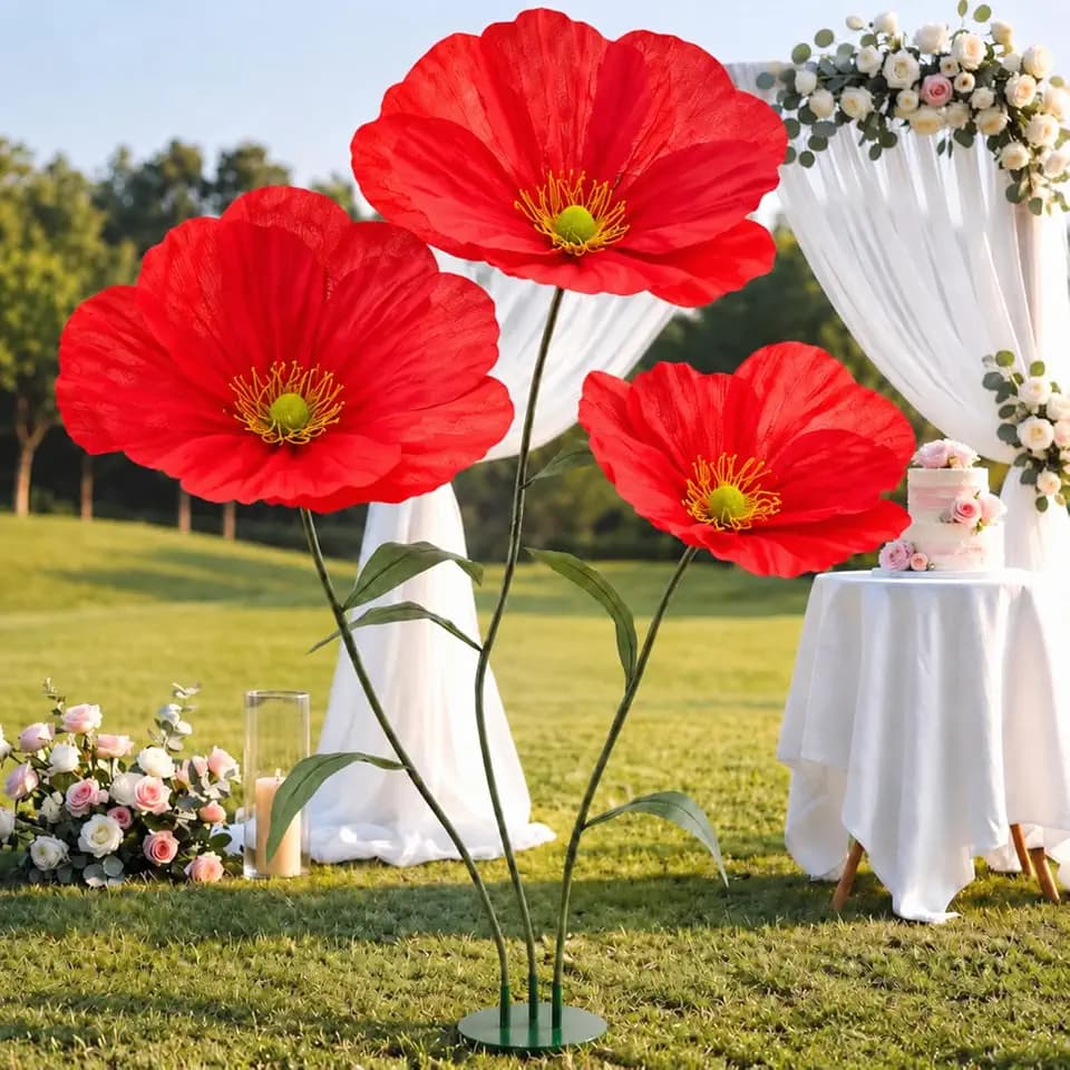 6ft Red Giant Flowers for Decoration with Stand, Artificial Poppy