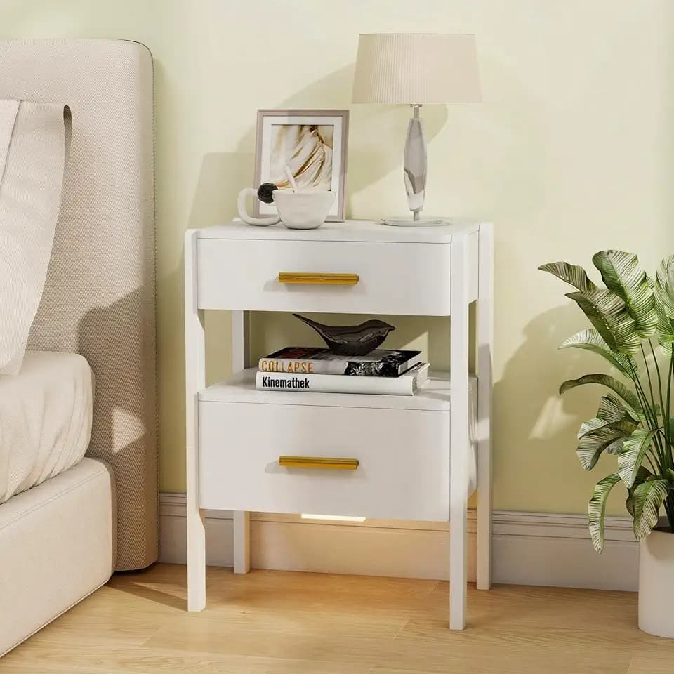 Solid Wood Nightstand with 2 Drawers and Open Shelf Bedside Table End Table