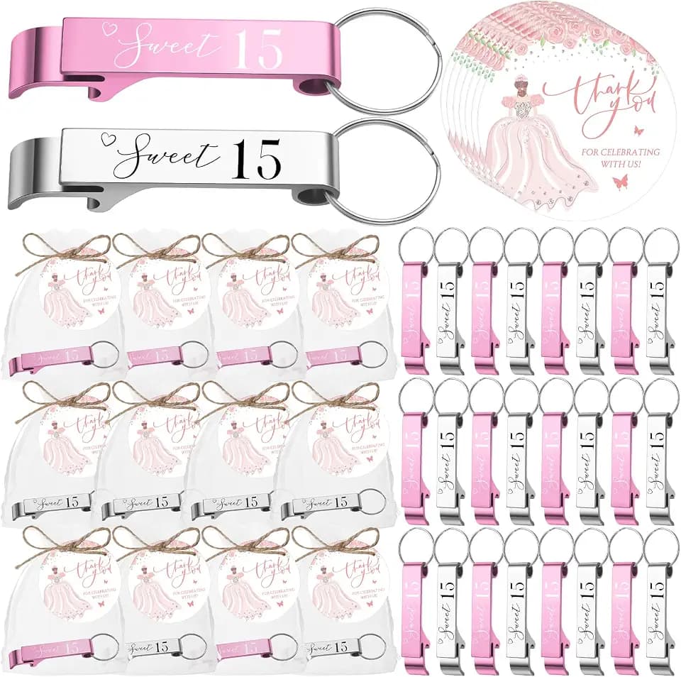 Dandat 50 Sets Quinceanera Party Favor Bottle Opener Keychain, Pink,Silver