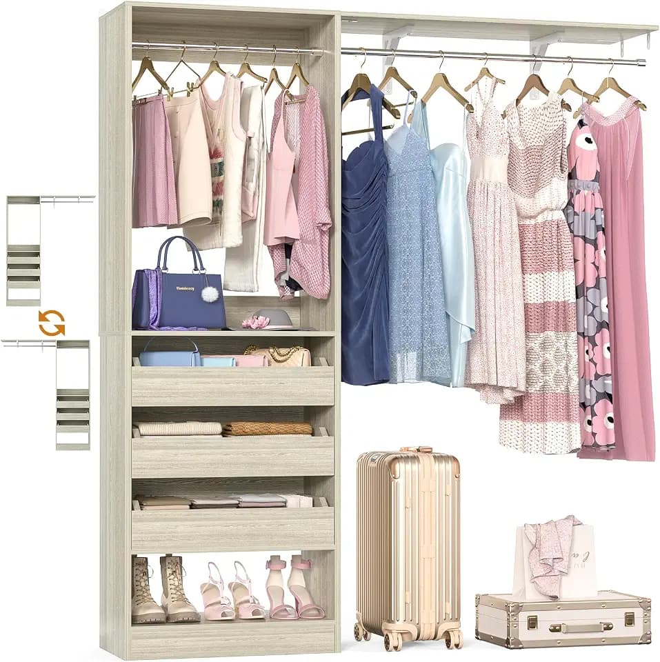 Homieasy Closet Organizer System Tower with Storage Wing Shelf, 60 Inch Adjustable Walk in Wardrobe System with 3 Drawers, 2 Hanging Clothes Rods, Reversible Heavy Duty Garment Rack, White Oak