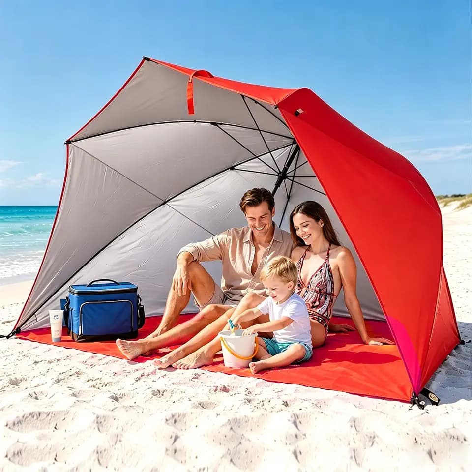 HOMEDEMO 9.5FT Oversized Beach Umbrella Shelter with Patented Side Panels, 3-in-1 Canopy Umbrella Shade Tent for Sports Games, Beach, Picnic, Bleacher Red