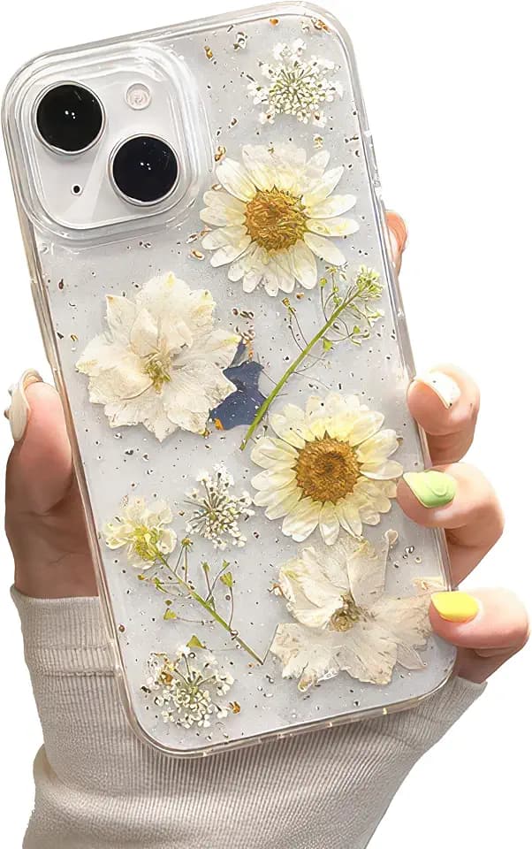 for iPhone 12 Pro Max Clear Case with Pressed Real Flowers Design - Glitter Cute White Floral Pattern, Slim Soft TPU Protective Phone Cover for Women and Girls (Clear White)