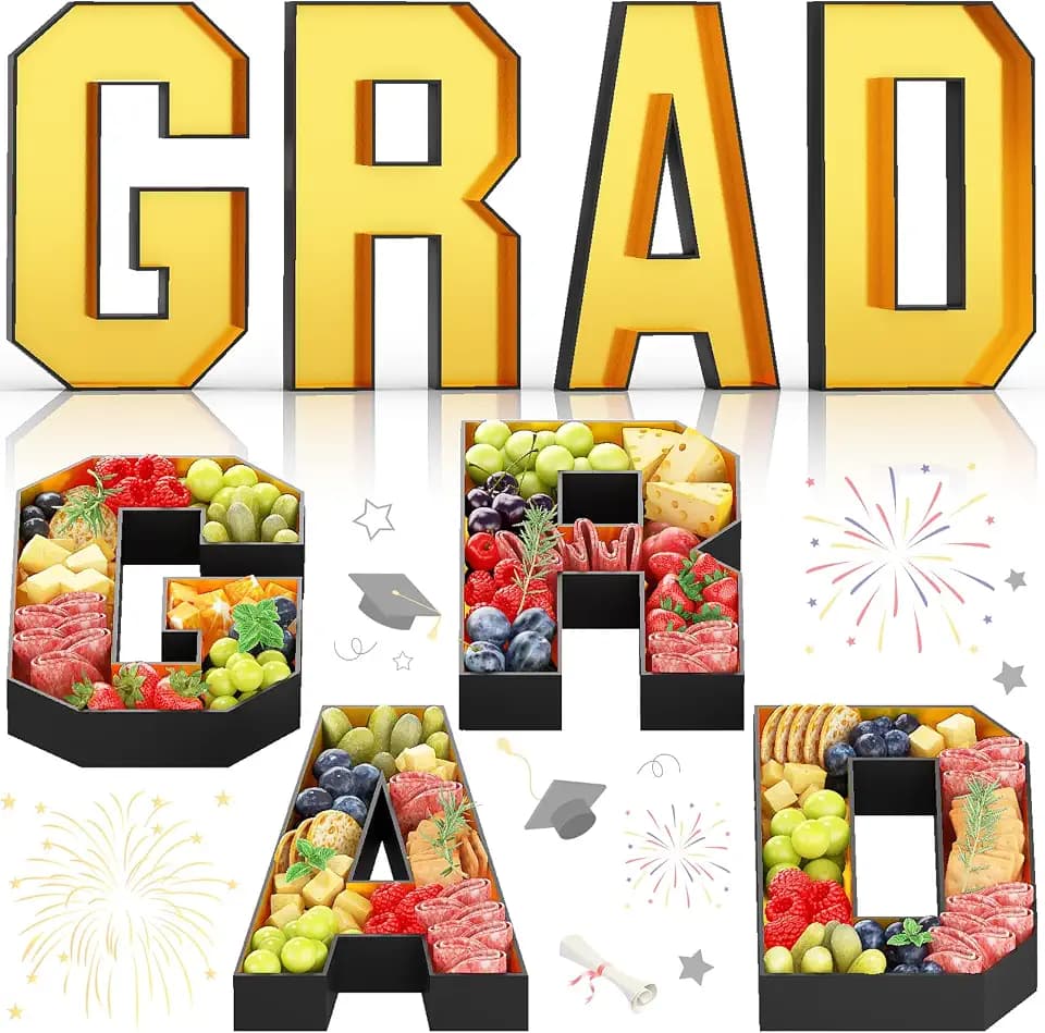 Grad Charcuterie Letters Fillable for Graduation Party Decorations, 13.7 Inch Gold Grad Cardboard Letters Charcuterie Boards Paper Mache Letter Trays for Grad Table Centerpieces Party Supplies