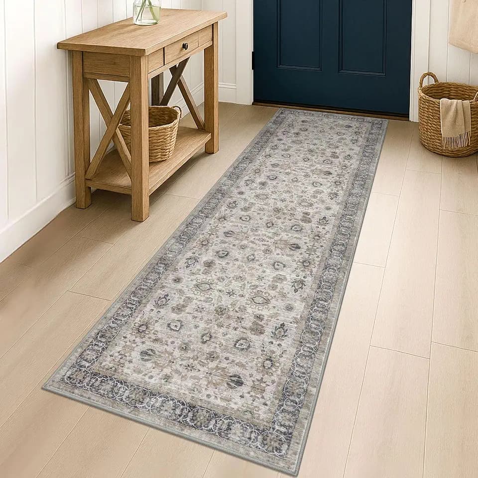 KOZYFLY Vintage Washable Rug Runner 2x7 Grey Floral