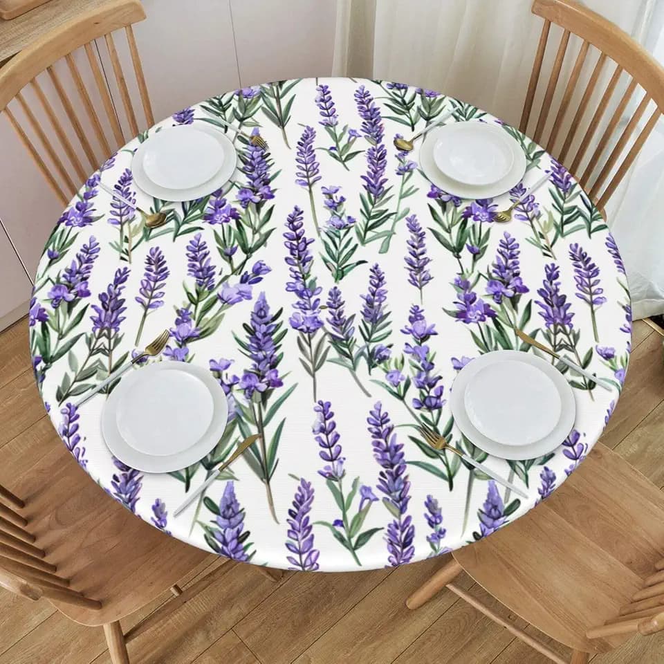 KiuLoam Spring Purple Lavender Flowers Round Tablecloth Farmhouse Table Cover with Elastic Edge Washable Fitted Table Cloth for Kitchen Patry Outdoor Decor Fits 45"-50", Medium