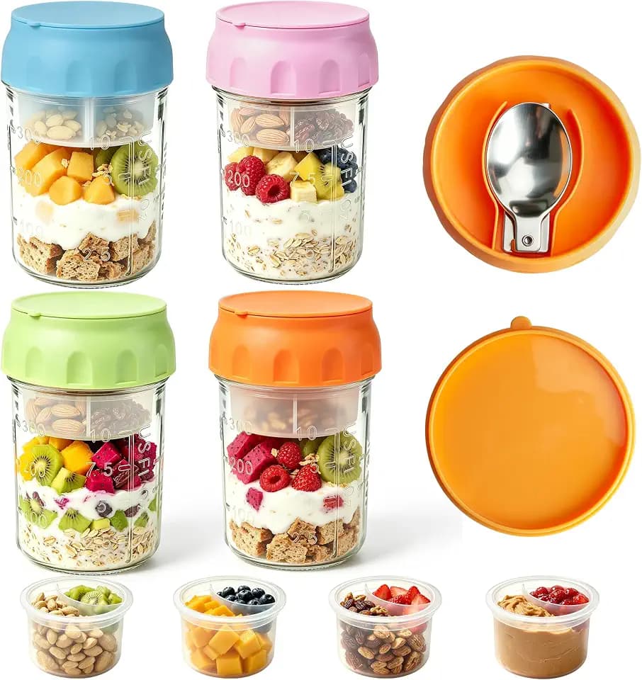 16oz Overnight Oats Containers with Lids & Folding Spoons, 4 Pack Glass Meal Prep Jars with Divided Compartments, Leakproof Airtight Mason Jars for Oatmeal Yogurt Parfait Fruit Snack