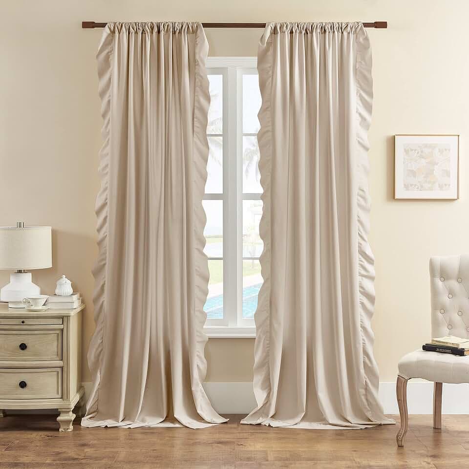 Light Tan Ruffle Curtains 108 Inches Long for Living Dining Room Bedroom 2 Panels Rod Pocket Light Reducing Window Curtains for High Ceiling Room Divider Sliding Glass French Door, 52''x 108'', Beige