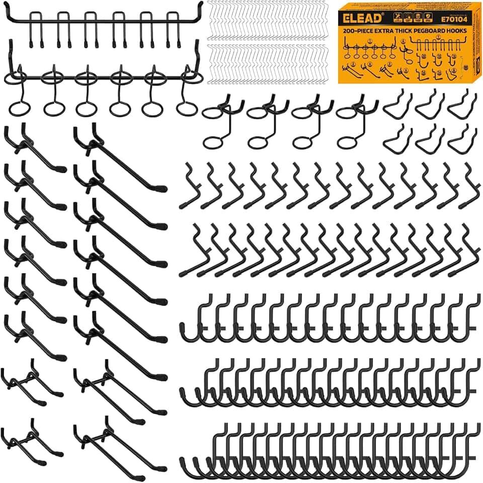 ELEAD 200-Piece Extra Thick Pegboard Hooks Set, 1/4" Heavy Duty Black Peg Board Organizer Accessories, Metal Pegboard Accessories with Pegs Lock, Peg Board Hooks for Hanging