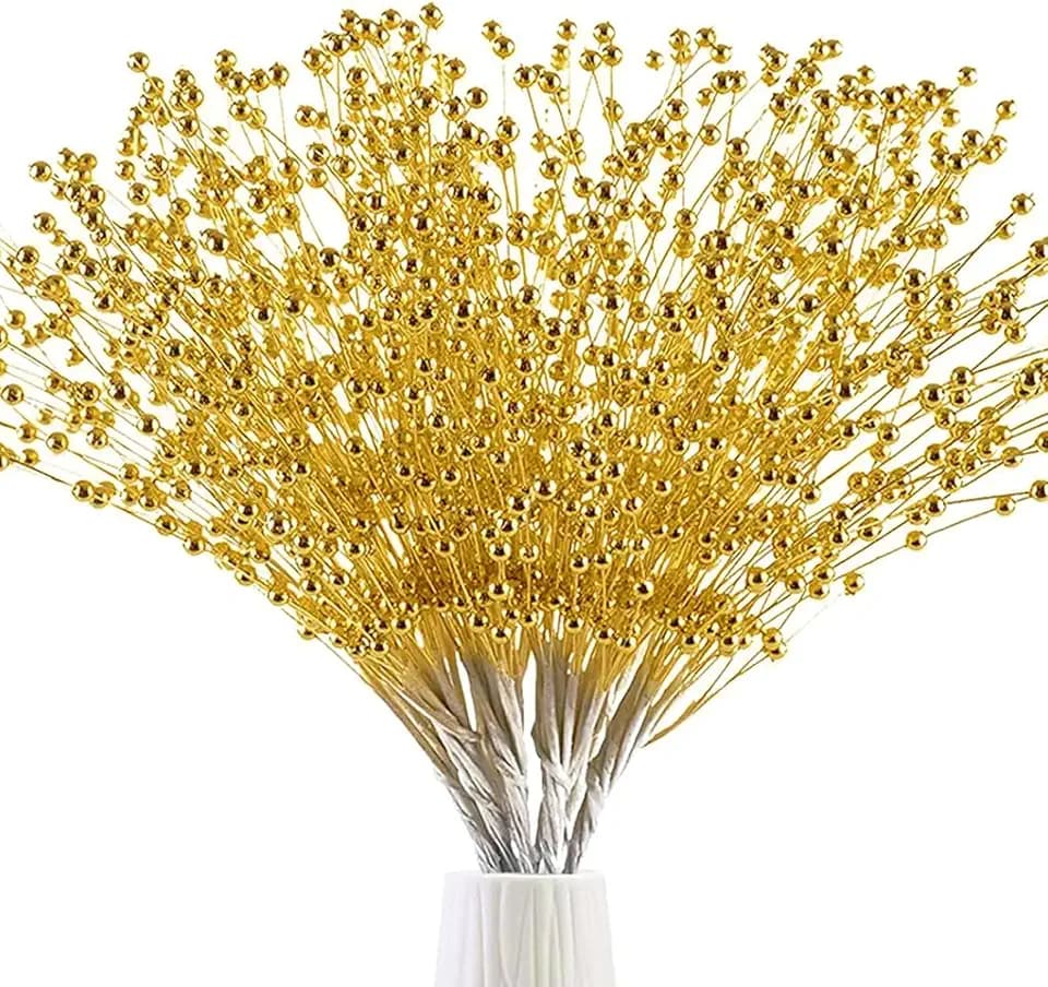 SHAOQINLIN 50pcs 4mm Pearls String Beaded Bouquet Spray Sticks for Bridal Beaded Wedding Party Table Decorations Mother's Day Decor (Gold)