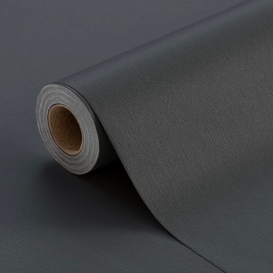 Plain Peel and Stick Wallpaper with Embossed Vertical Stripe Pattern Linen Textured Removable Contact Paper Waterproof Self-Adhesive Wall Paper (Off Black, 23.6"x393", Solid)