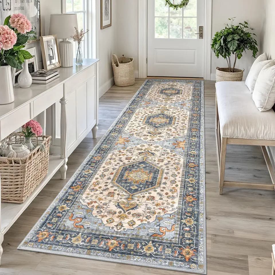 KUTA Vintage Runners for Hallways 2.6x10 Ivory Blue Washable Kitchen Rug
