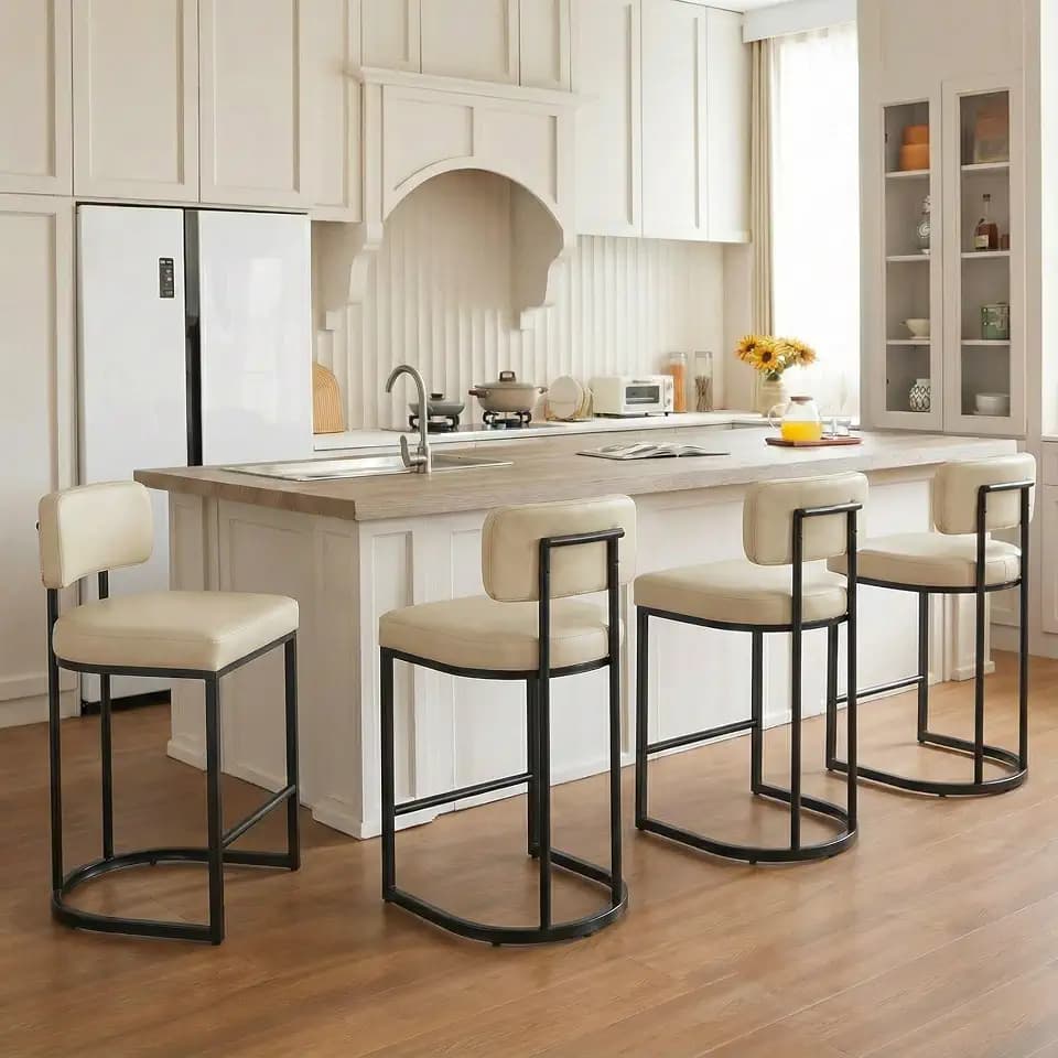 26" H Counter Height Bar Stools Set of 4, Modern Faux Leather Upholstered Barstools with Backrest for Kitchen Island, Black Metal Frames, Cream