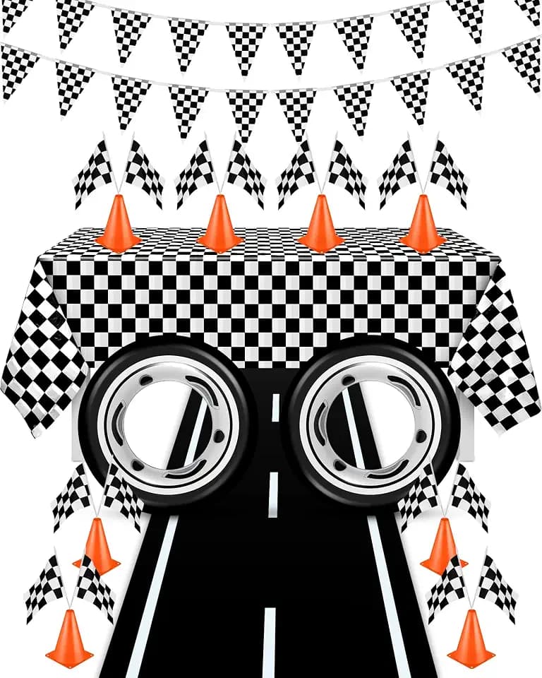 Remagr Race Car Birthday Party Set, Checkered Tablecloth Flags Cones