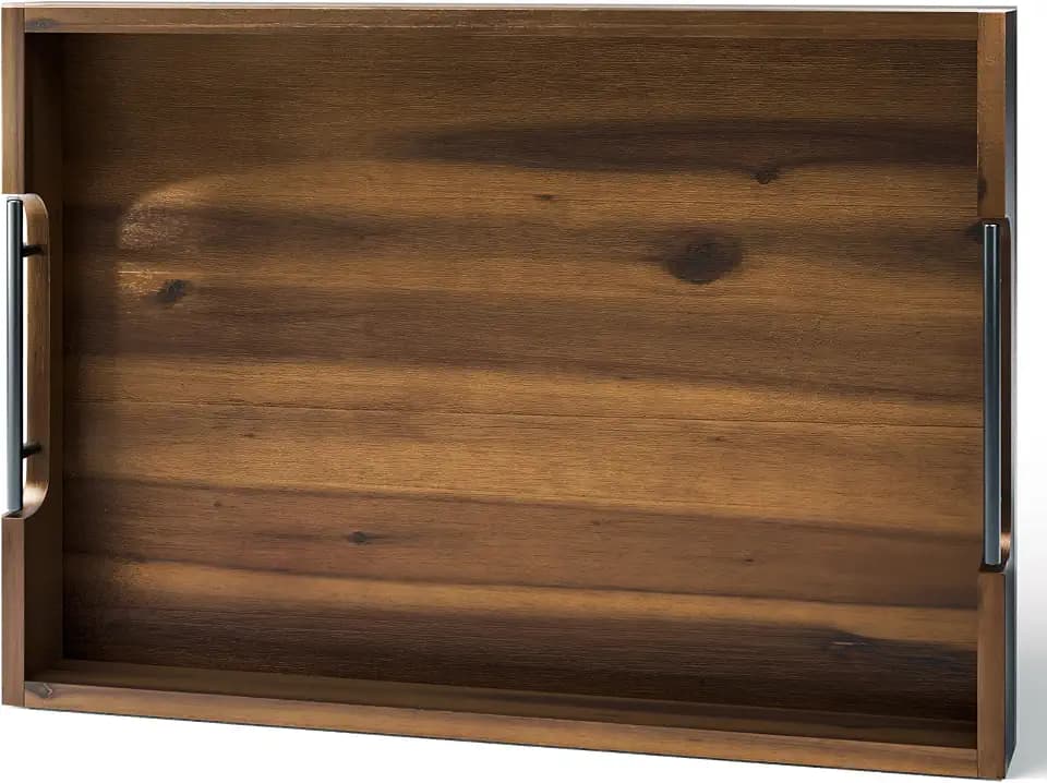 TIDITA 20"x14" Wooden Large Serving Tray, Walnut Color, Metal Handles