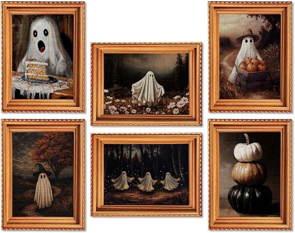 6 Pcs Halloween Fridge Magnets, 3D Wooden Spooky Cute Refrigerator Magnet, Vintage Oil Painting Ghost Pumpkin Decorations, Reusable Movable Magnetic Sticker for Kitchen Office Car Garage