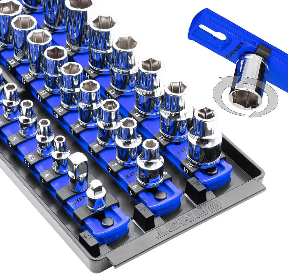 Ernst Manufacturing 8491 Socket Boss Multi-Drive Socket Organizer Tray with 13” Socket Rails, Blue – Drive Socket Storage Tray for Automotive Service Technician’s Toolbox - Made in USA