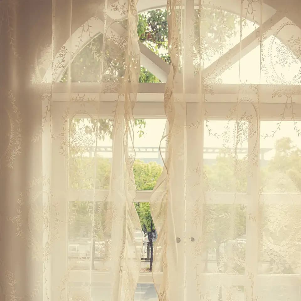 Deeprove Boho Sheer Lace Curtains 63 Inches Length 2 Panels Set, Florals Scallop Ruffle Edge, Bohemian Chic Rustic Vintage Window Treatment Pair Decor Drapes for Bedroom Living Room, W57 x L63 Beige
