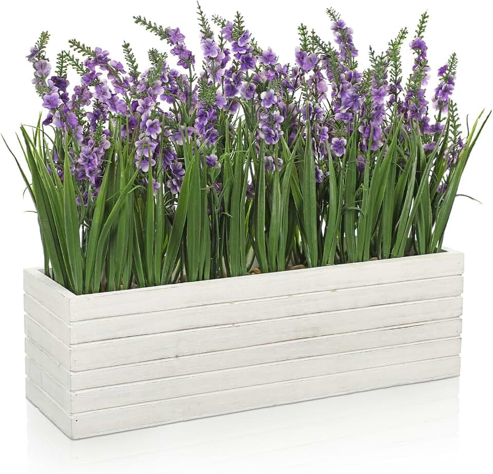 14" Artificial Lavender Plant Fake Lavender Flower Arrangement in Wood Box