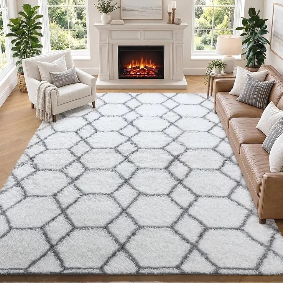 5x7 Area Rugs for Living Room Bedroom, Fluffy White and Grey Geometric Rug