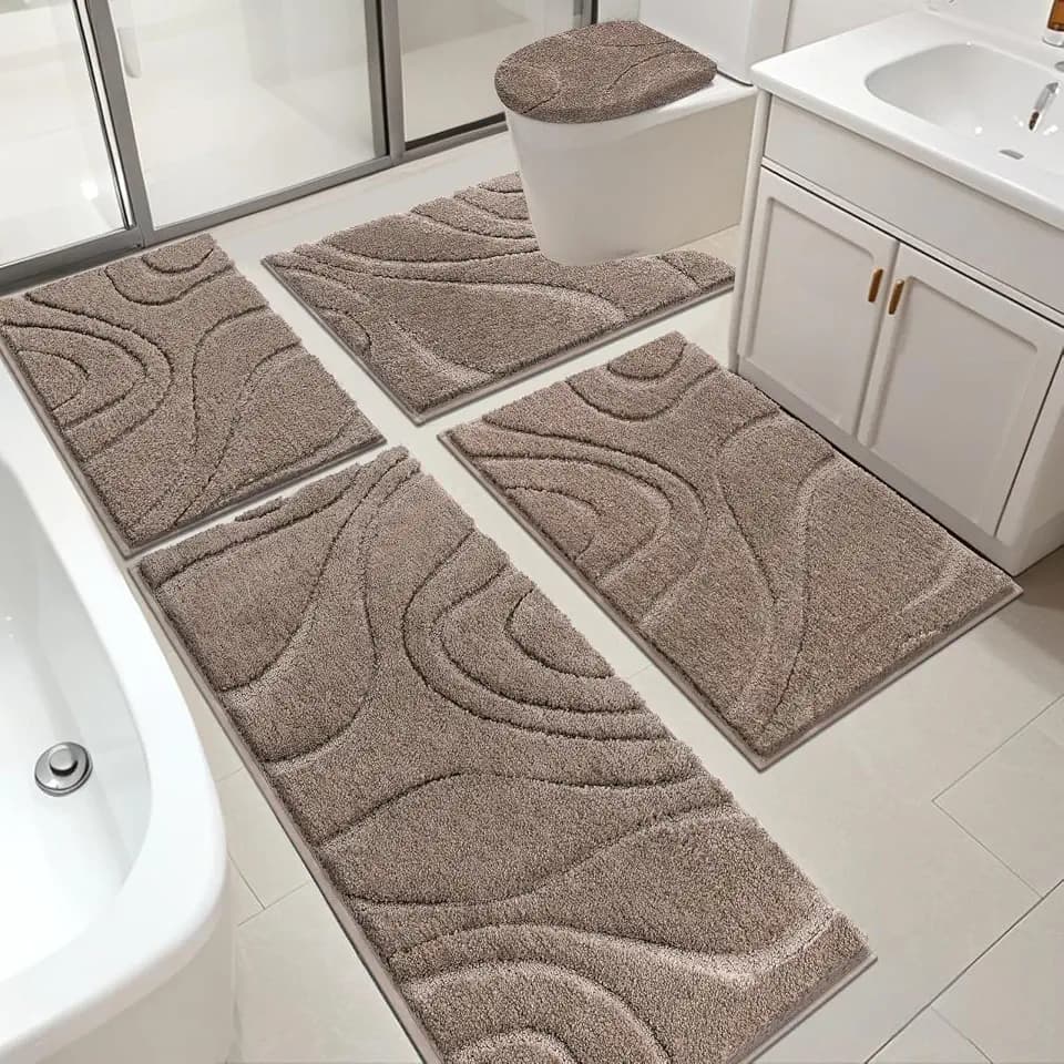 HEBE Bathroom Rugs Sets 5 Piece, Non Slip Washable Absorbent Bath Mat Set