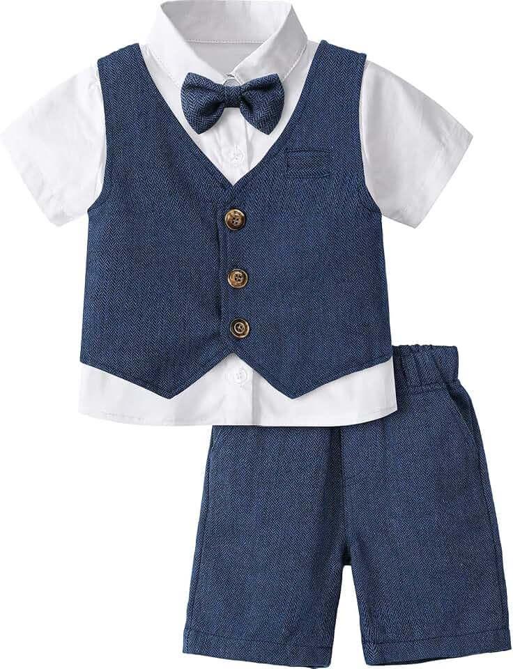 mintgreen Baby 3St Gentleman Outfit, Fischgrätenmuster Hochzeit Taufkleidung Hemd & Weste & Shorts, 1–6 Jahre