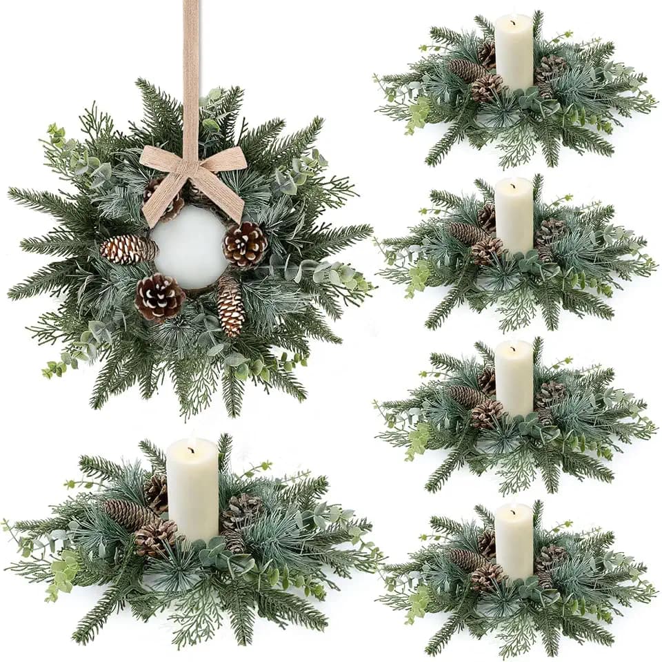 6 PCS Christmas Candle Rings Wreaths Norfolk Snowy Pine Needles Garland Pinecones Wreaths Artificial Cedar Candle Rings Holder for Christmas Wedding Home Table Centerpiece Door Window Chair Wall