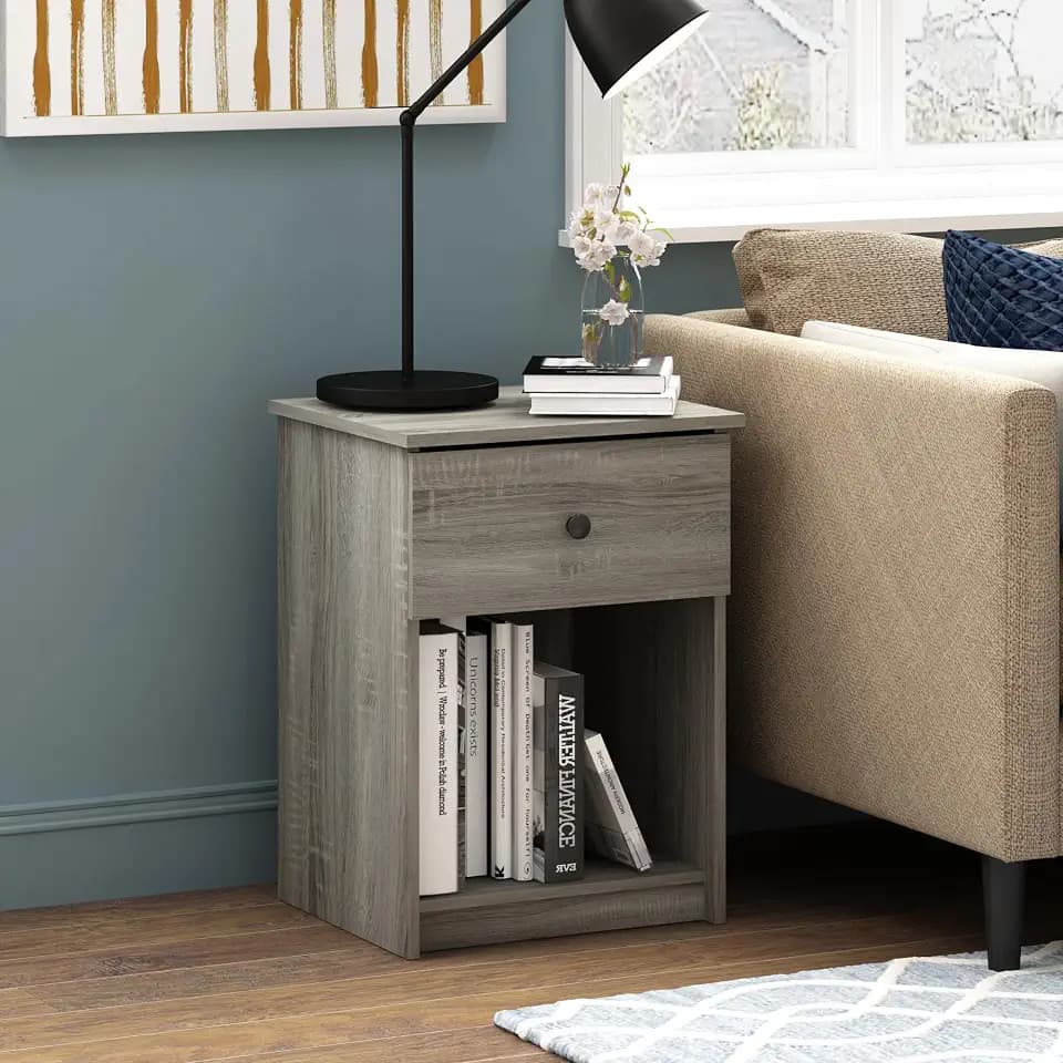 Furinno TIDUR Night Stand, Nightstand with Drawer, Grey Oak
