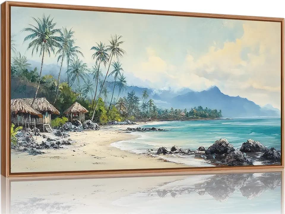 Rantodecor Tropical Coastal Framed Canvas Wall Art, Beach Landscape Posters Wall Decor, Island Palm Trees Beach House Art Paintings, Seascape Mountains Artwork for Bedroom Living Room Office 40"x20"