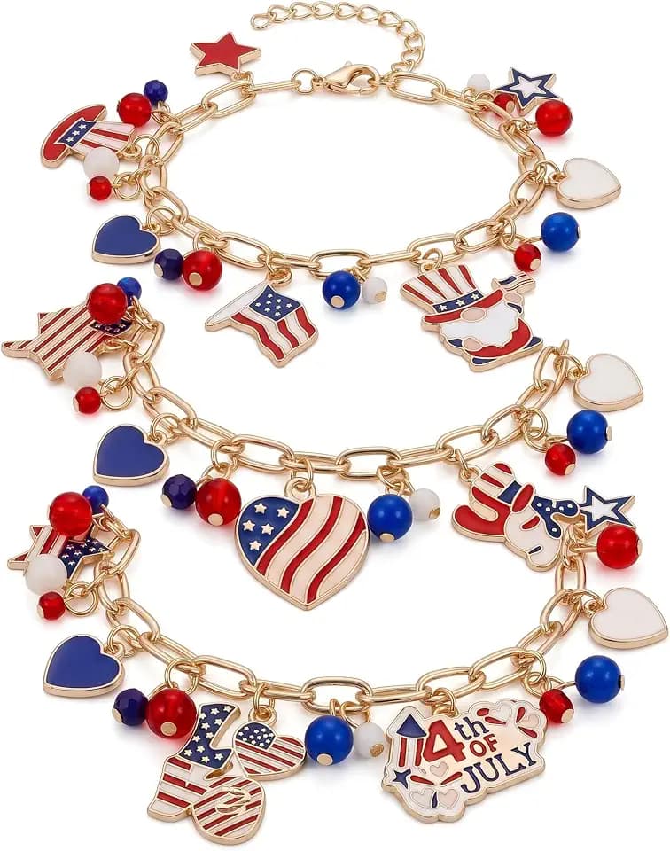 3 Pcs 4th of July Bracelet for Women Patriotic Red White Blue USA Charm Bracelet with with American Flag Pendants 250th Jewelry Accessories Gift for Independence Day Adjustable 7-9.25 Inch