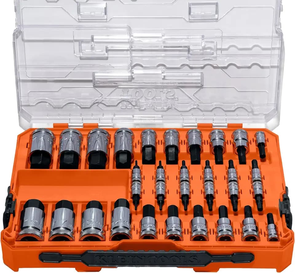 Klein Tools 65233HEX Hex Bit Socket Set, 1/4, 3/8, 1/2-Inch Drives, Knurled, SAE (5/64 to 3/4 inch) and Metric (2 to 19mm) with MODbox Case, 32-Piece