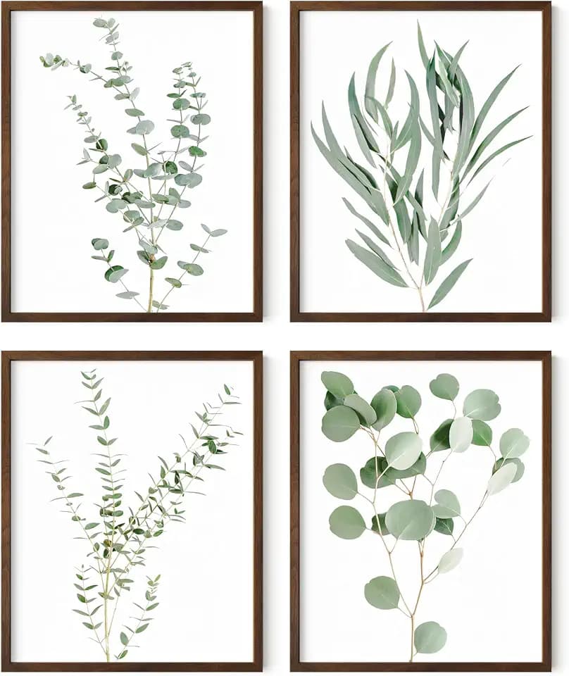 HAUS AND HUES Botanical Plant Wall Art - Set of 4 Prints, Floral Kitchen Decor, Eucalyptus Wall Art, Green Botanical Poster (Walnut Frame, 8x10)