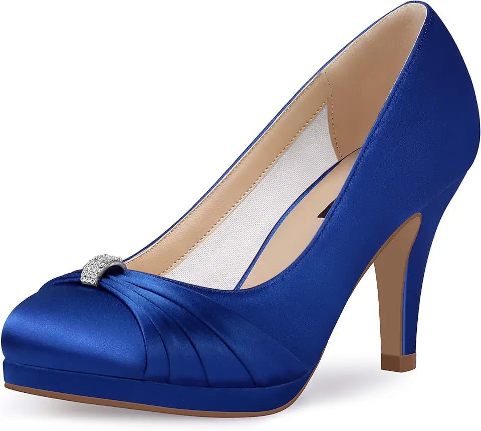 ERIJUNOR Women Comfortable Mid Heel Pumps Closed Toe Rhinestones Brooch Satin Evening Prom Wedding Shoes