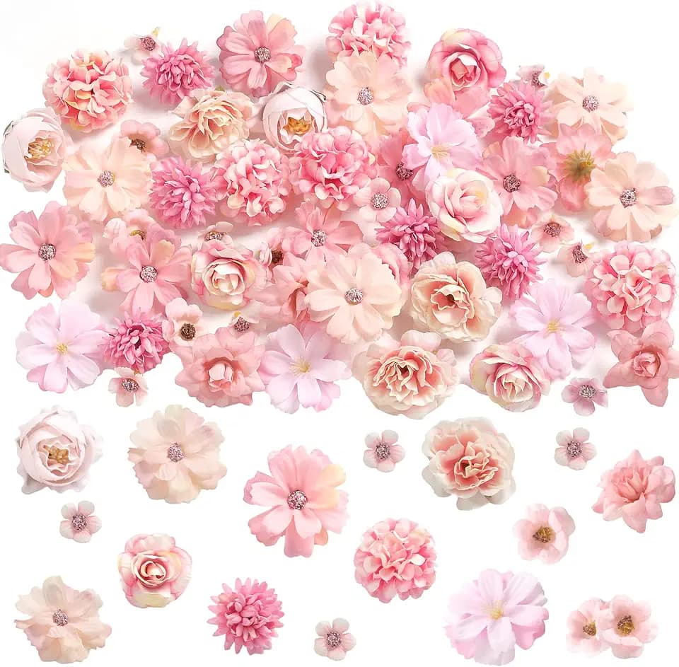 rongflower Faux Flower Heads Small Silk Artificial Flower DIY Fake Mini Flowers Rose Daisy Multicolor Flowers Craft Supplies for Wedding Party Wreath Graduation Season Party Home Decor (45, Pink)