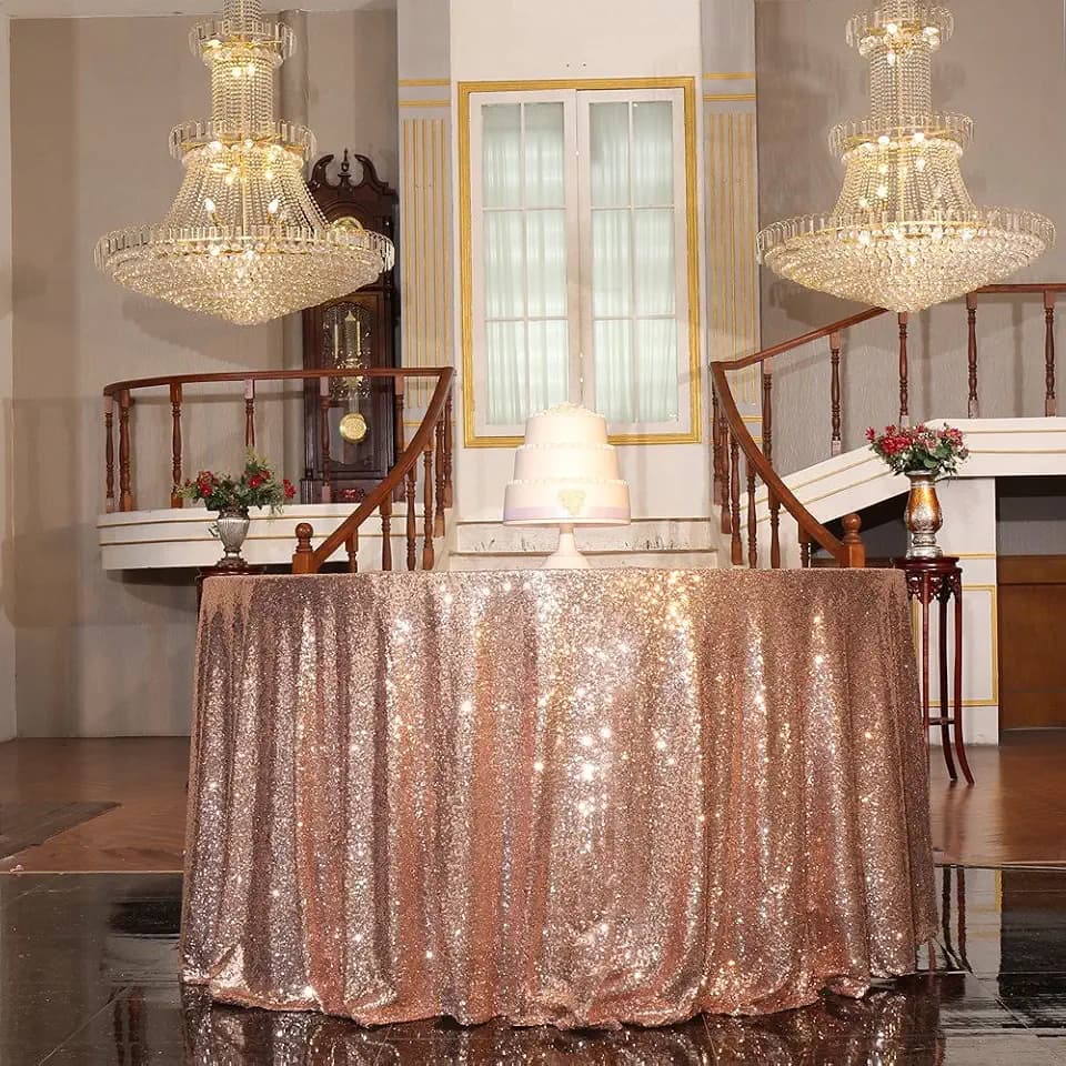 PartyDelight Rose Gold Sequin Tablecloth 108 Inch Round Floor Length