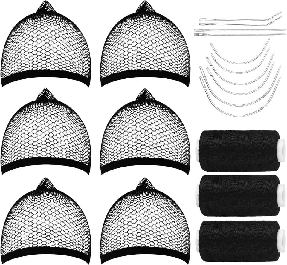 Giegxin 6 Hair Net Wig Caps 10 Weaving Needles 3 Threads Black Mesh Set