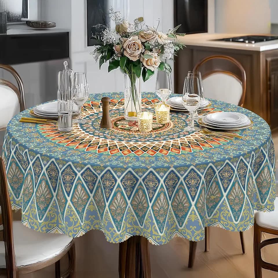 Eikione Boho Round Tablecloth 60In Wrinkle and Stain Resistant Table Cover