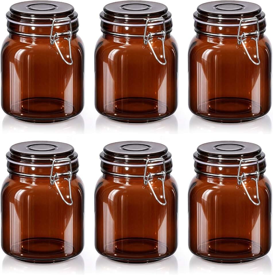 Norme 6 Pack Amber Airtight Glass Jars, Square, 34 oz, with Lids