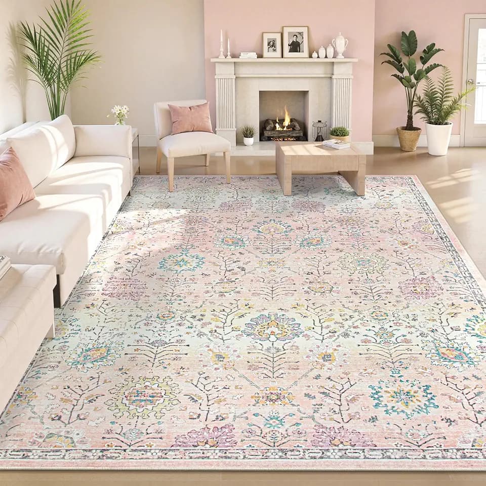Lahome Girls Bedroom Pink Rug 8x10, Soft Washable Floral Classroom Rug, Large Non Slip Blush Carpet for Dorm Room, Playroom and Classroom Decor