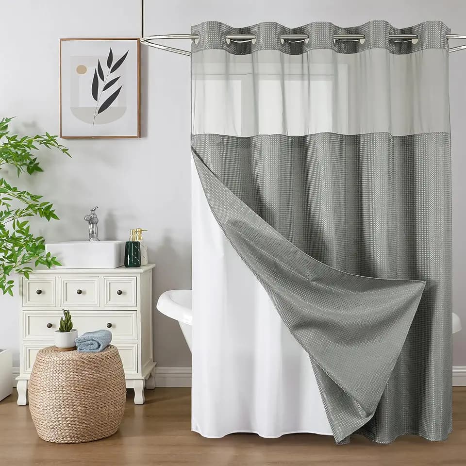 Colorful Star Waffle Weave No Hook Shower Curtain Set, 72 x 75 Inch, Grey