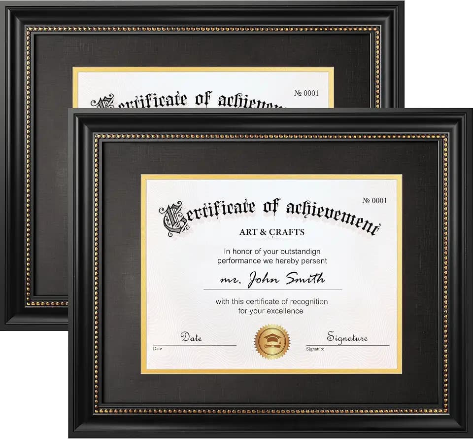 Yaetm 11x14 Diploma Frame, Certificate Frame with Tempered Glass, Display 8.5x11 Document with Black Over Gold Acid-free Mat, Degree Frames for Wall and Tabletop, Black with Gold Beads, 2 Pack