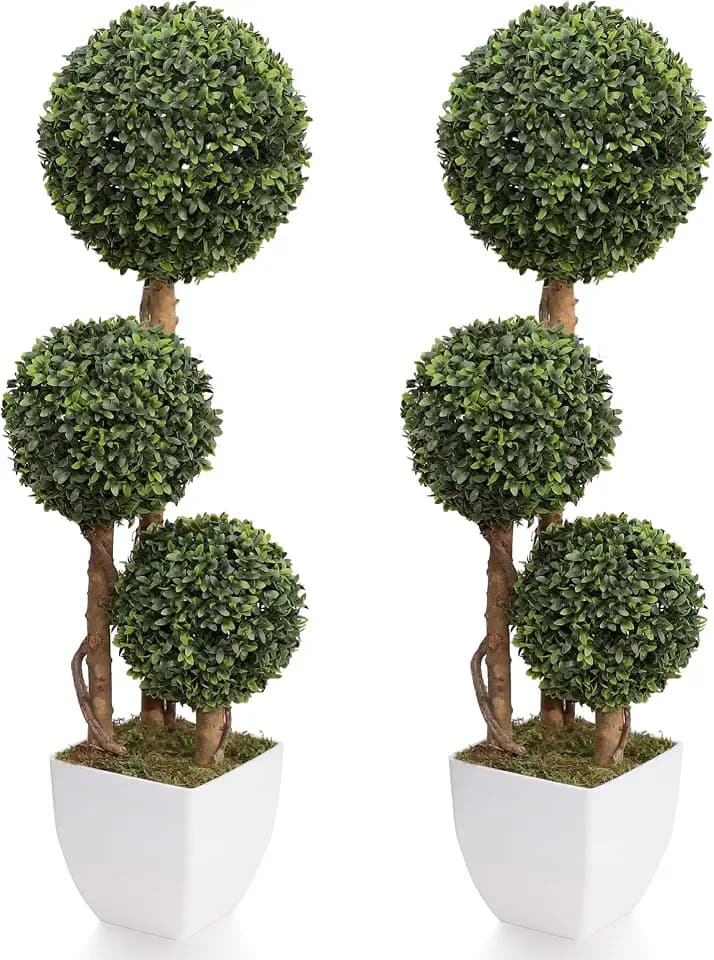 Damomo Artificial Boxwood Ball Topiaries Trees, Outdoor 3ft Fake Topiary Triple Ball Boxwood Tree 2 Packs, Faux Shrubs Green Plants Detachable Sphere Potted Decor Indoor Porch or Garden(35inch)